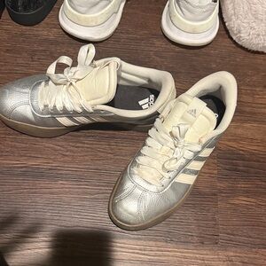 adidas Cream and Silver Leather Low-Top Sneakers